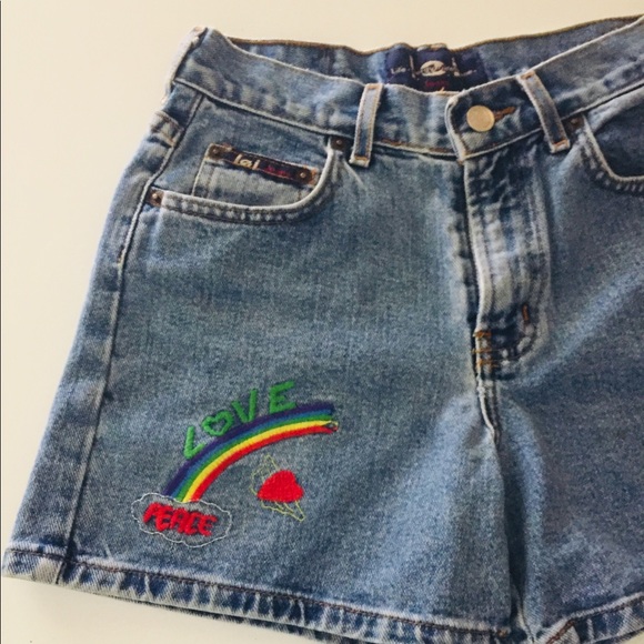 Rainbow Peace and Love Sewn Denim Shorts - Picture 4 of 6